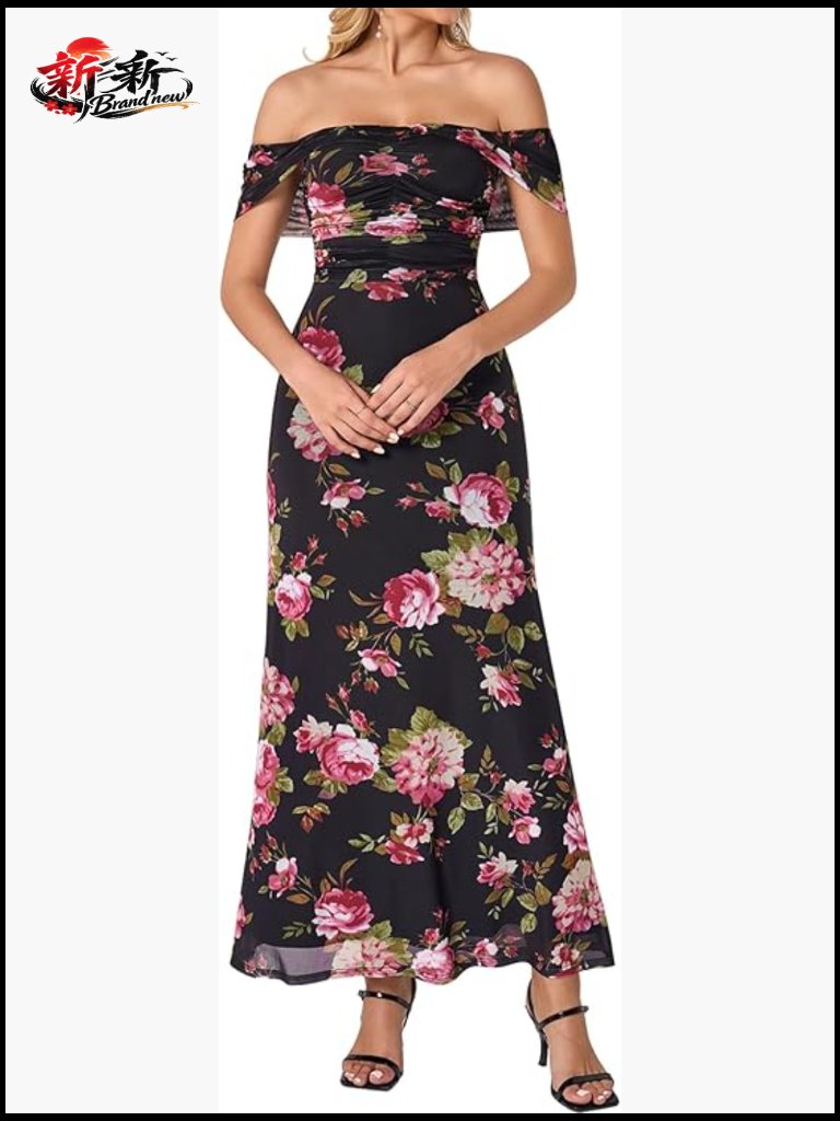 Off Shoulder Bodycon Maxi Dress Ruched Wedding Guest Formal